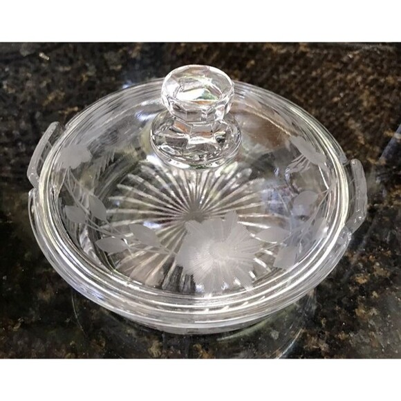 Antique Heisey Clear Glass Lidded Lemon Covered Dish Etched Floral Design - Picture 2 of 6
